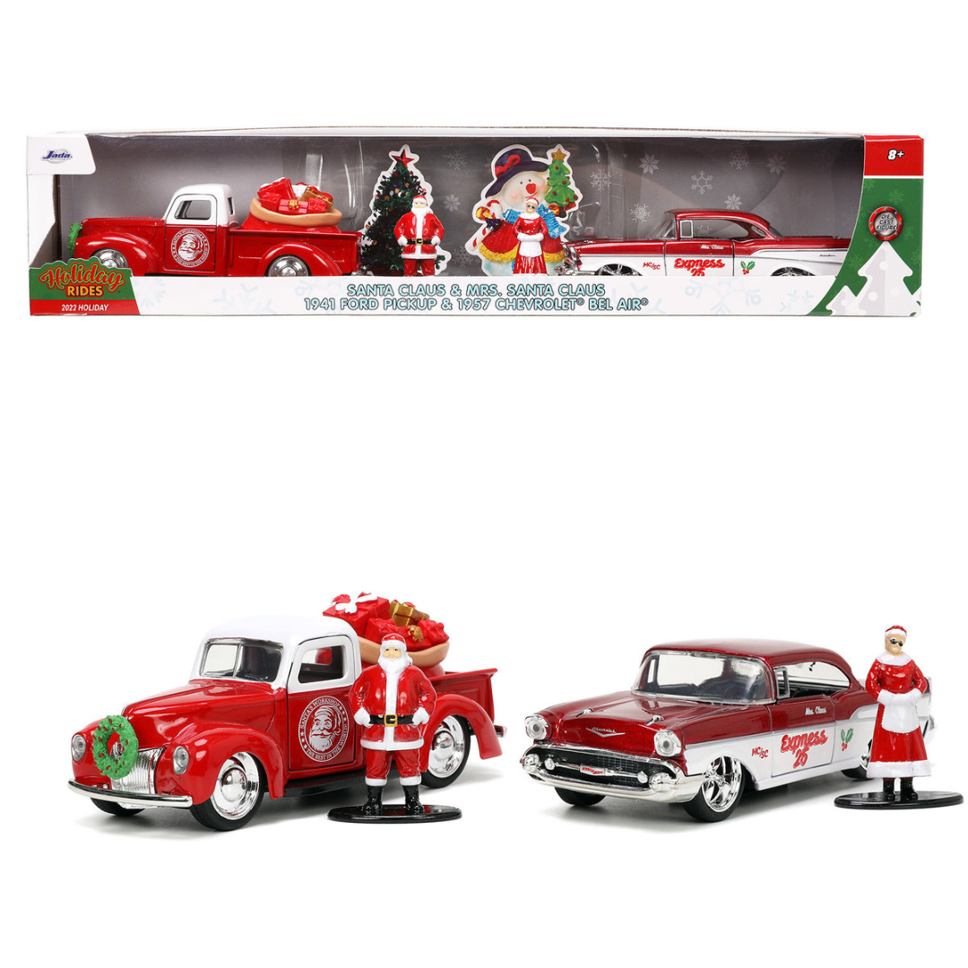 41-ford-pickup-truck-and-57-chevy-bel-air-with-santa-figure-1-32-diecast-model-cars