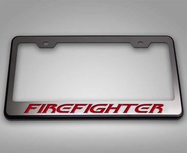 Firefighter License Plate Frame - Black Base w/Brushed Stainless Top Plate & Fire Engine Red Lettering-ACC-172072-corvette-store-online