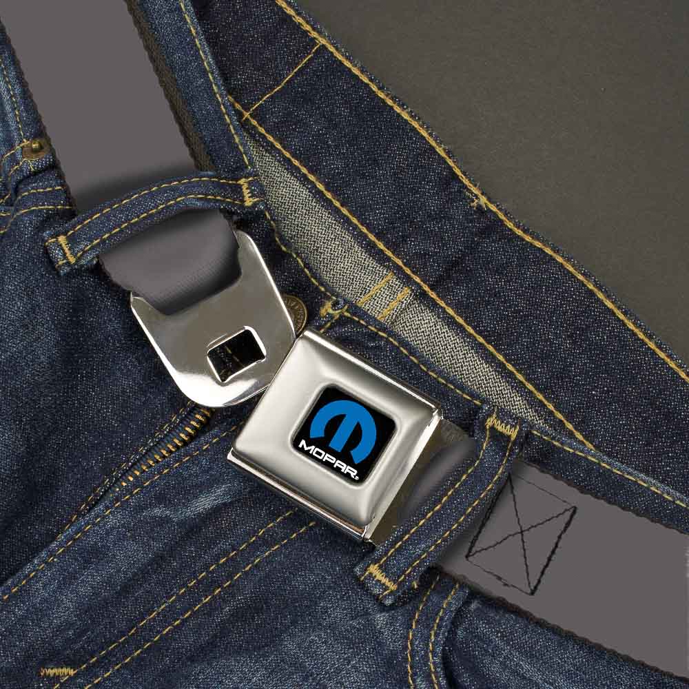 MOPAR Logo Seatbelt Belt - Full Color Black, Blue, and White with Charcoal Webbing