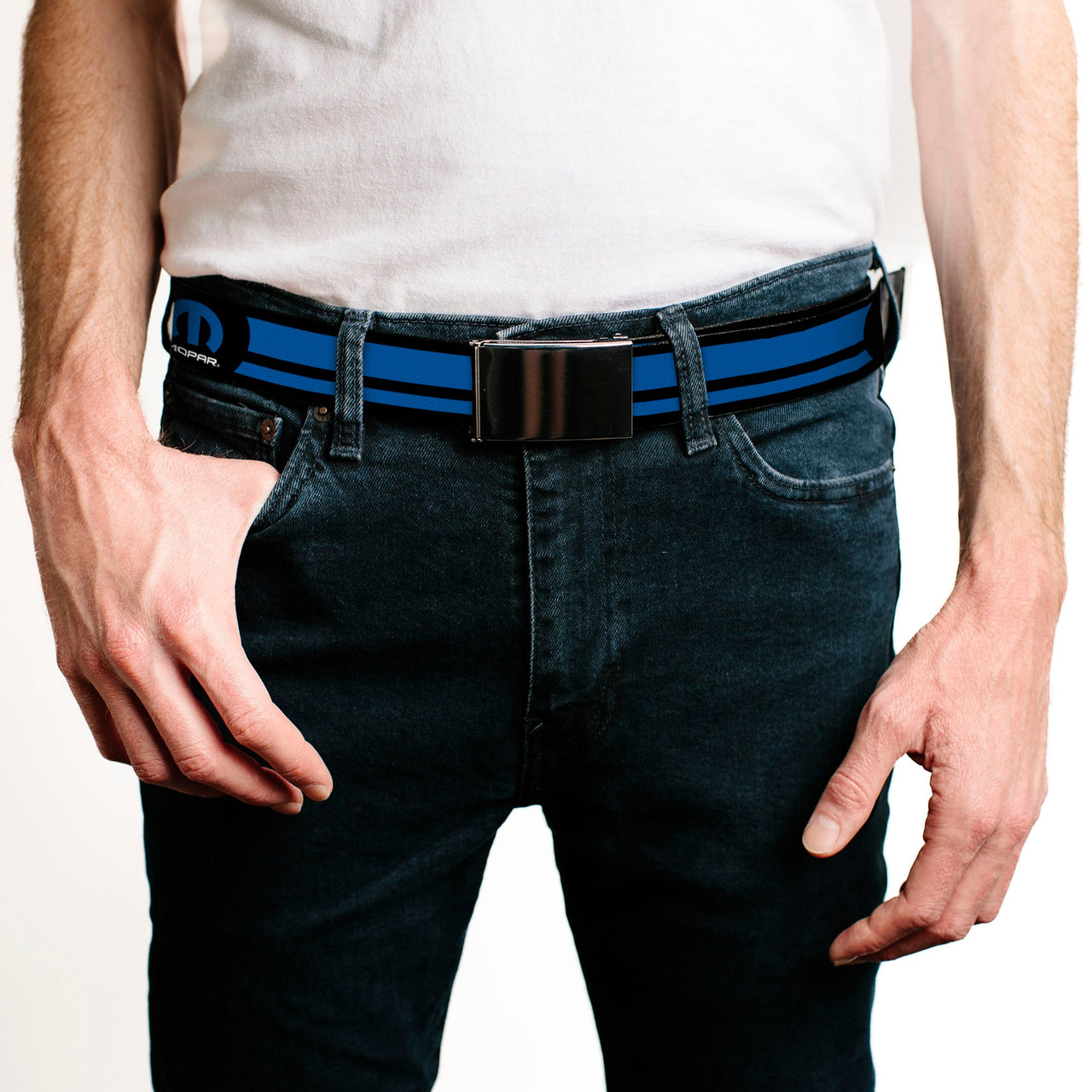 black-buckle-web-belt-mopar-logo-stripe-black-blue-webbing