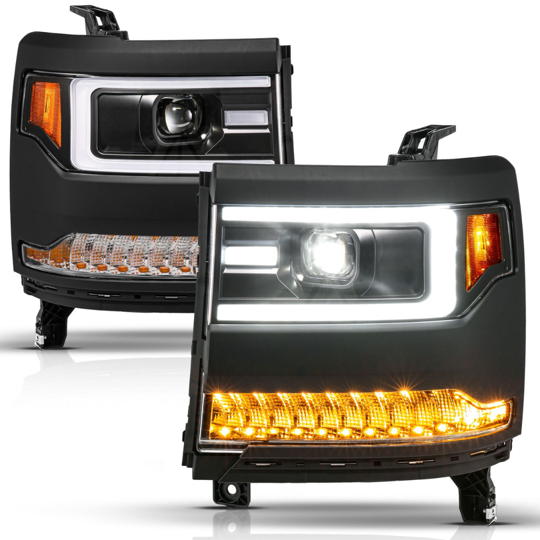 Chevrolet Silverado 1500 16-18 Black Projector Plank Style Headlights W/ Sequential Signal (FOR HID, NO HID BULB INCLUDED)