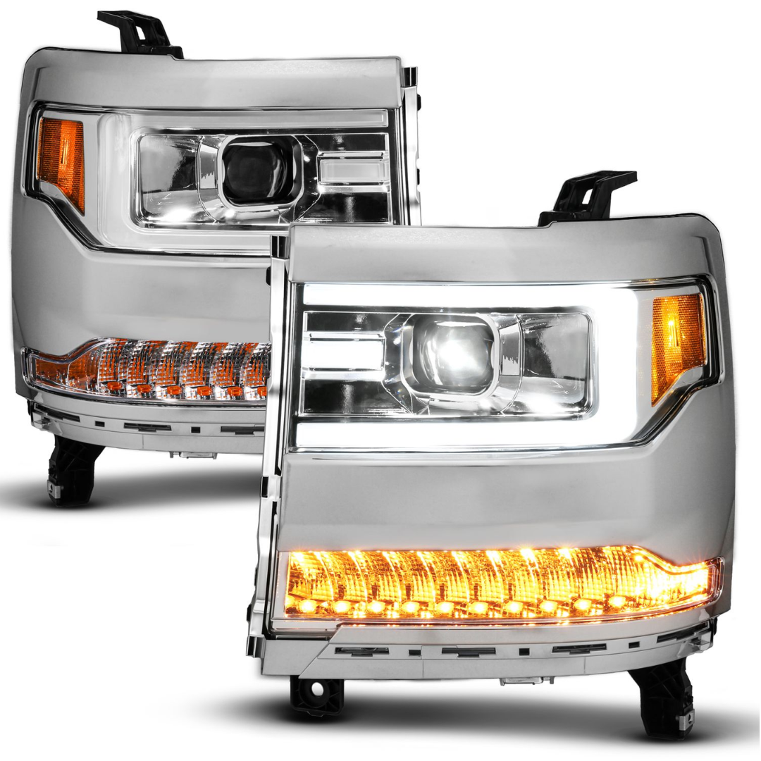 Chevrolet Silverado 1500 16-18 Projector Plank Style Headlights Chrome W/ Sequential Signal (FOR HID, NO HID BULB INCLUDED)