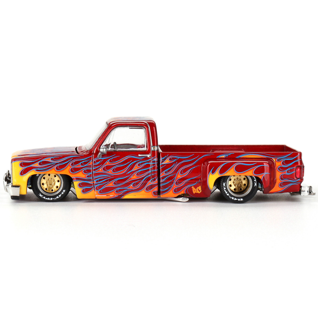 Chevrolet Silverado Dually Pickup Truck "On Fire V1" Red Metallic with Flames and Red Interior (Designed by Jun Imai) "Kaido House" Special 1/64 Diecast Model Car