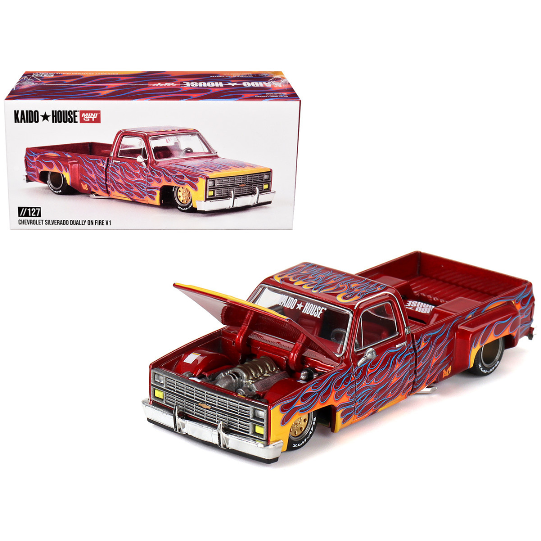 Chevrolet Silverado Dually Pickup Truck "On Fire V1" Red Metallic with Flames and Red Interior (Designed by Jun Imai) "Kaido House" Special 1/64 Diecast Model Car