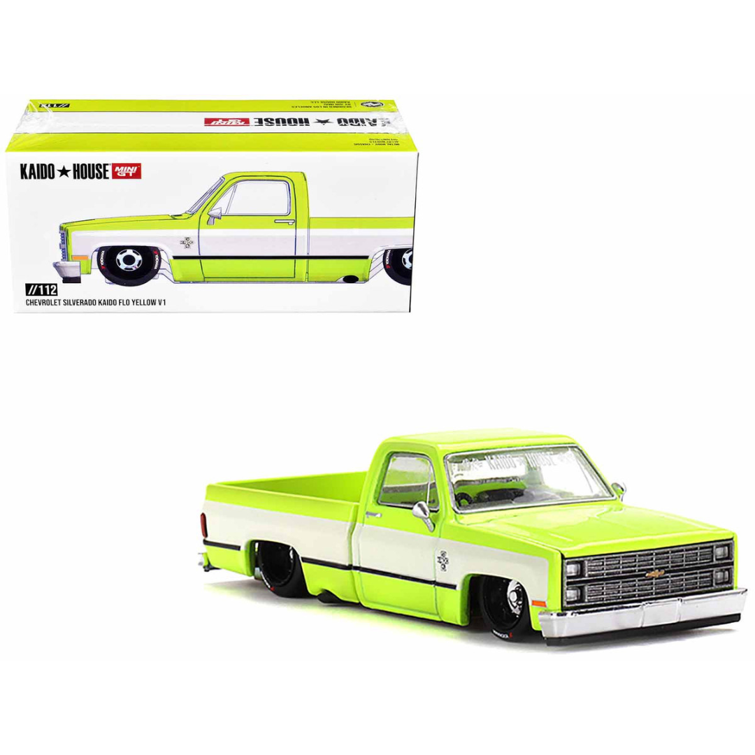 chevrolet-silverado-kaido-v1-pickup-truck-flo-yellow-and-white-designed-by-jun-imai-kaido-house-special-1-64-diecast-model-car