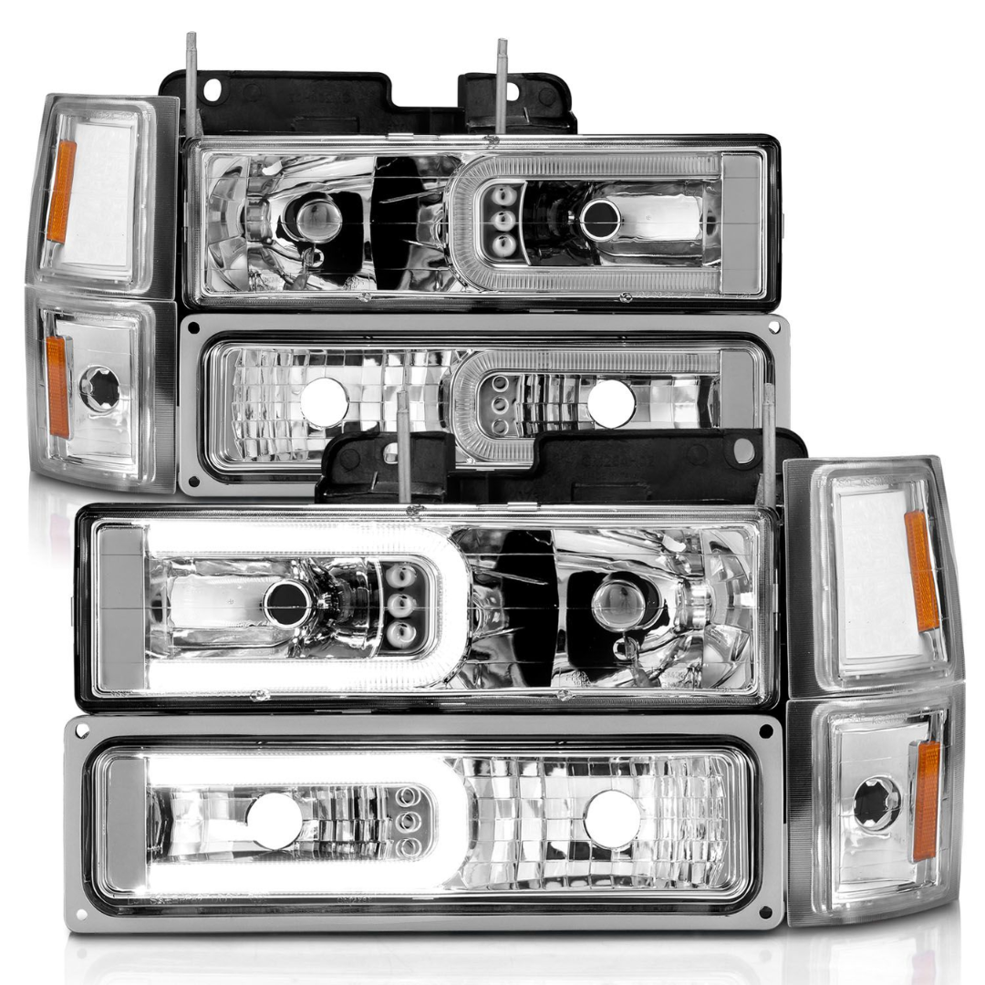 Chevy Blazer (Full Size) '94 / Chevy C/K1500 '94-99 / 2500/3500 '94-00 / Suburban '94-99 / Tahoe '95-99 Crystal C-Bar Style Headlights with Signal & Side Markers (8-piece set) Chrome (bulbs not included).