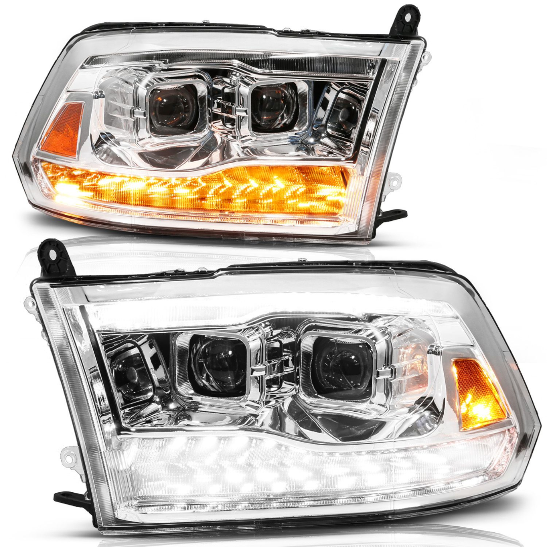 Dodge Ram 1500 09-18 / 2500/3500 10-18 Full LED Projector Headlights Chrome Clear Lens W/ Sequential Signals (FOR ALL MODELS)