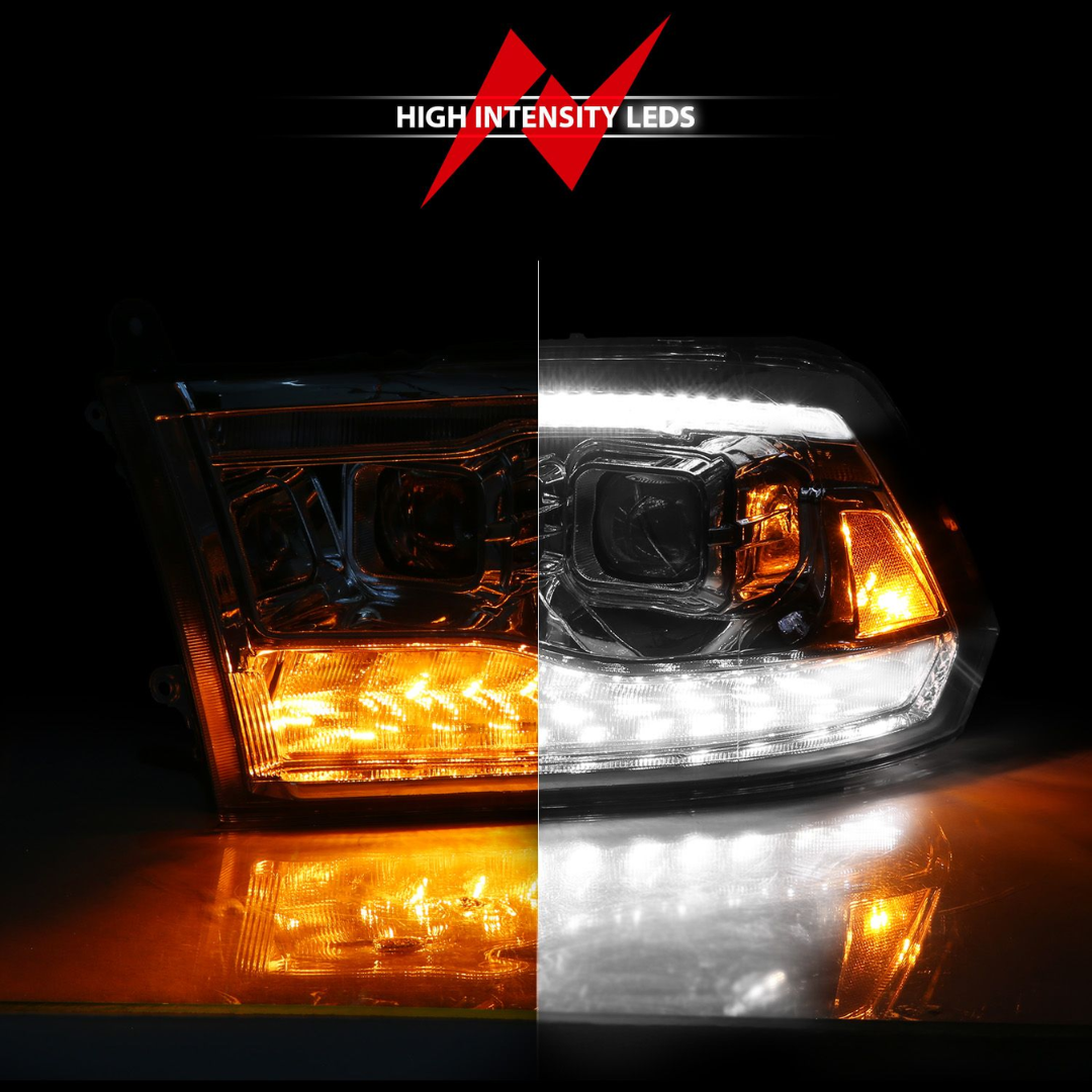 Dodge Ram 1500 09-18 / 2500/3500 10-18 Full LED Projector Headlights Chrome Clear Lens W/ Sequential Signals (FOR ALL MODELS)