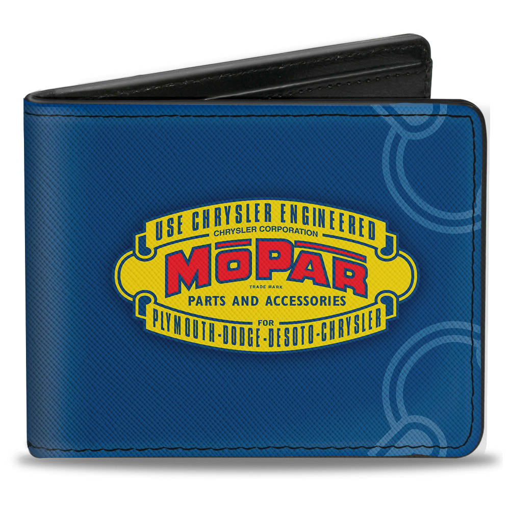 MOPAR 1937-1947 Logo-USE CHRYSLER ENGINEERED MOPAR PARTS AND ACCESSORIES Bi-Fold Wallet - Blue Yellow Red