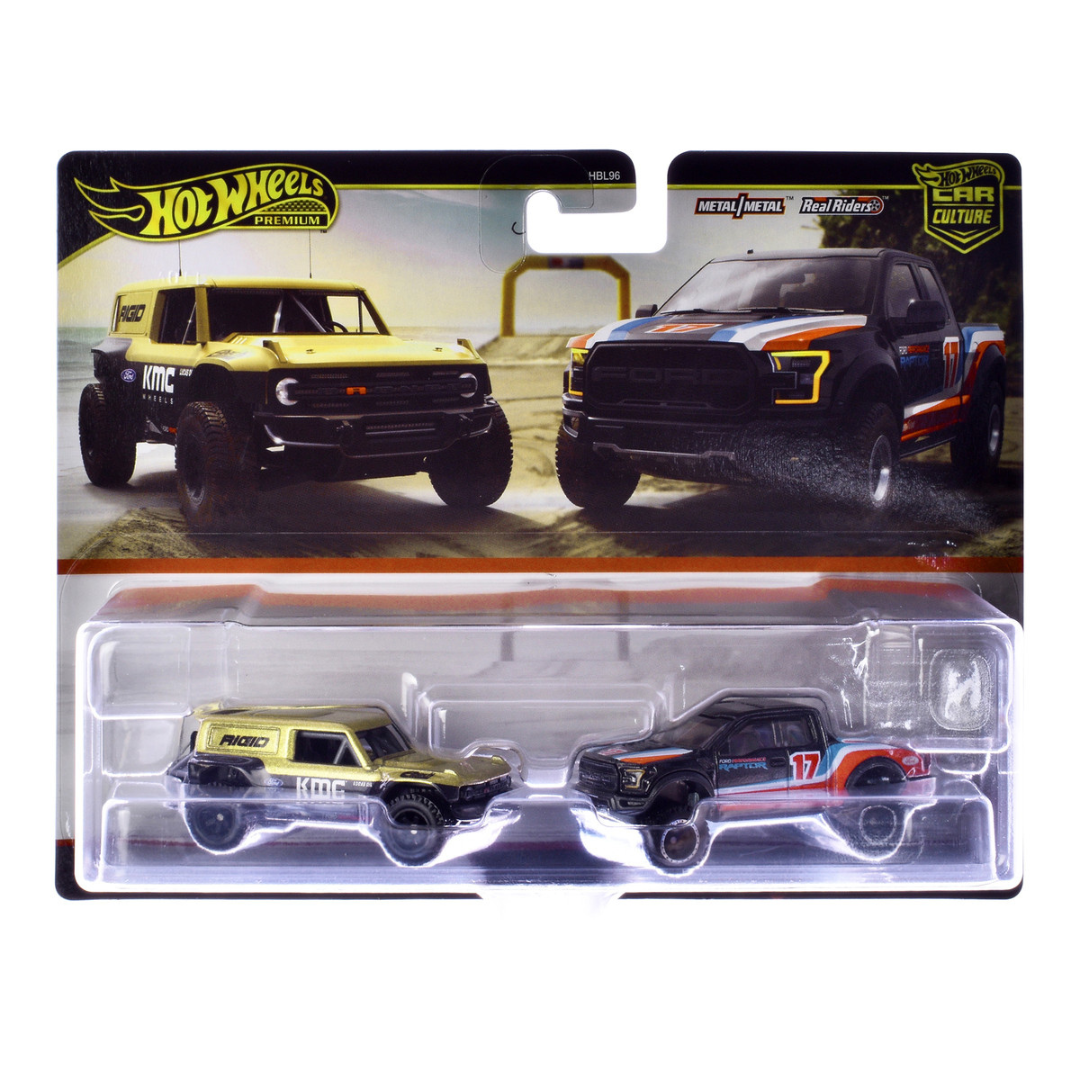 Ford Bronco R Gold Metallic and Black and 2017 Ford F-150 Raptor Pickup Truck #17 Black with Stripes "Car Culture" Set of 2 Cars Diecast Model Cars