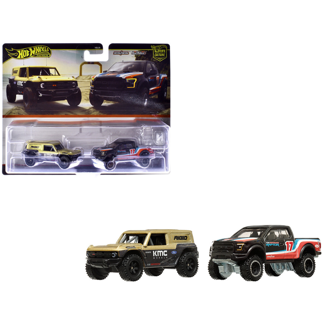 Ford Bronco R Gold Metallic and Black and 2017 Ford F-150 Raptor Pickup Truck #17 Black with Stripes "Car Culture" Set of 2 Cars Diecast Model Cars