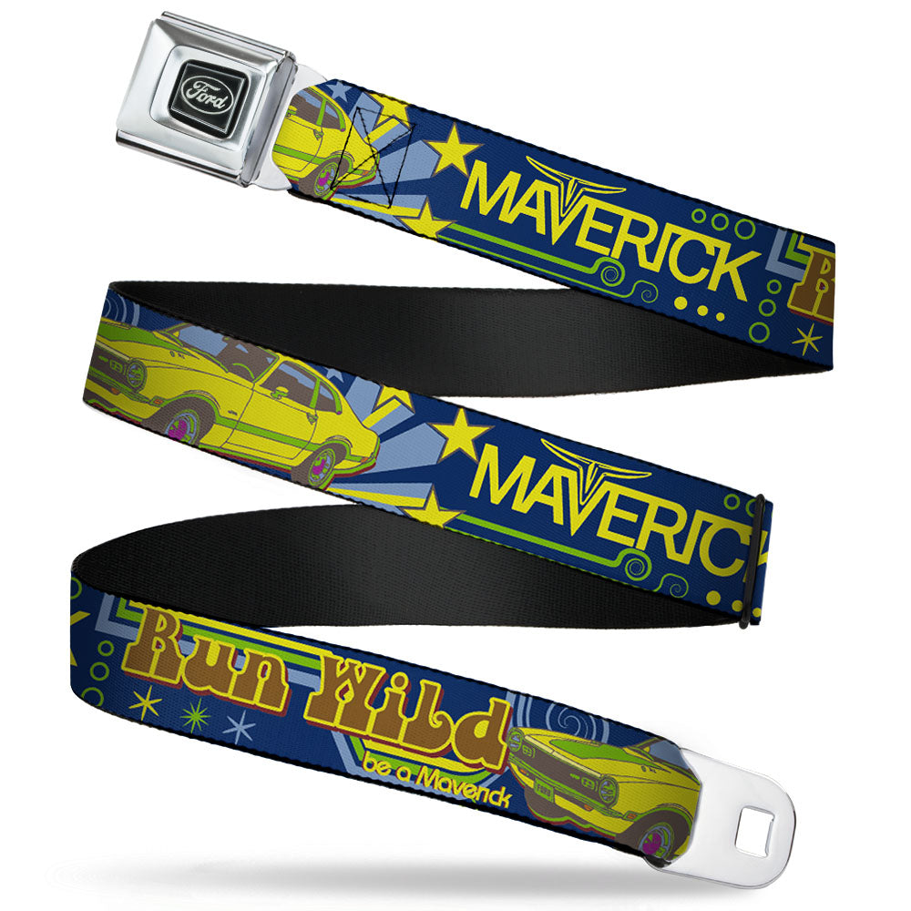 Ford Emblem Seatbelt Belt - Vintage Ford MAVERICK-RUN WILD BE A MAVERICK Blues/Yellows Webbing