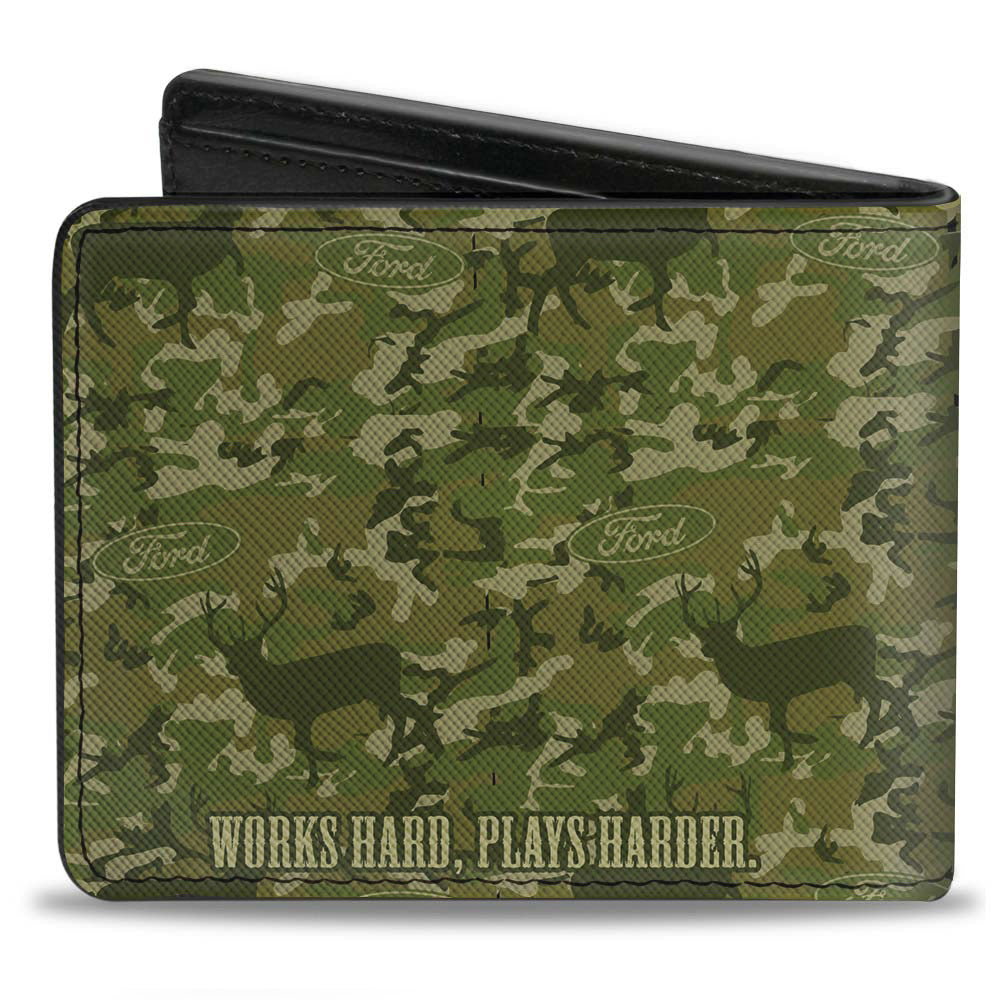 Ford Truck + WORKS HARD, PLAYS HARDER Bi-Fold Wallet - Deer Hunter Camo Olive