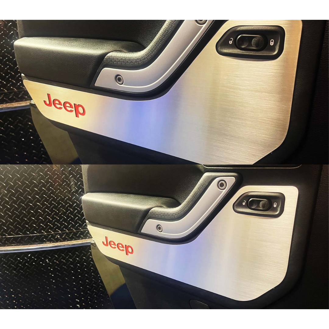 2007-2018 Jeep Wrangler JK - Front Door Guards Brushed w/Jeep Logo, Rear Door Badges Plain Brushed 4pc