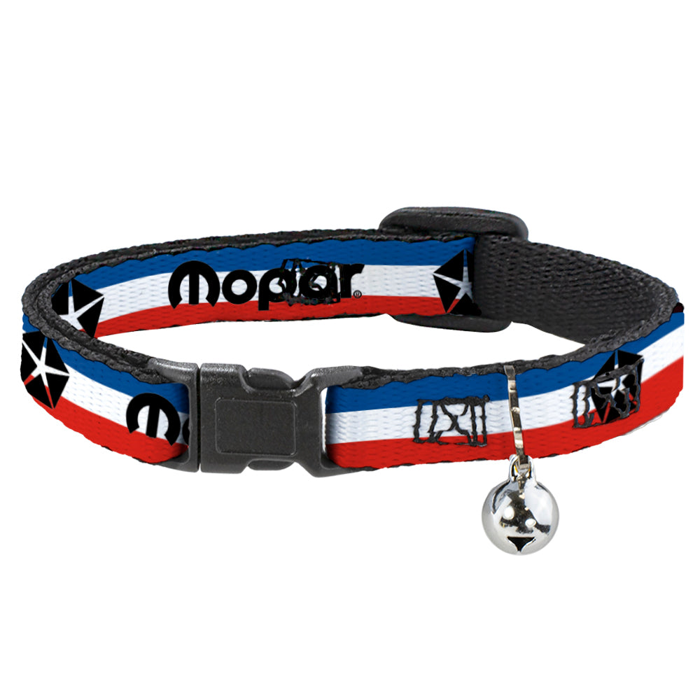 cat-collar-breakaway-with-bell-chrysler-mopar-logo-repeat-stripe-blue-white-red-narrow-fits-8-5-12