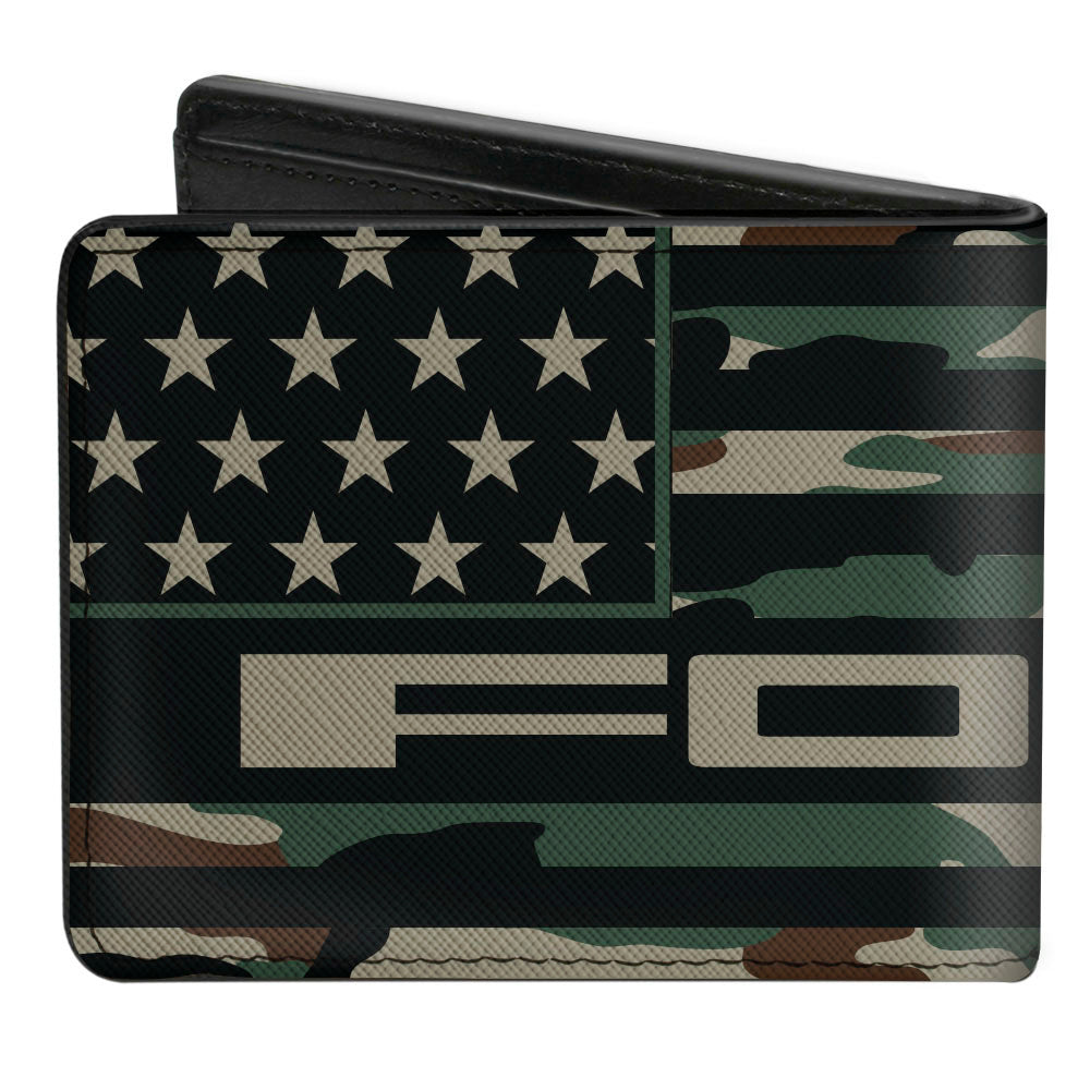 FORD Script Americana Flag Weathered Bi-Fold Wallet - Camo Olive Black Tan