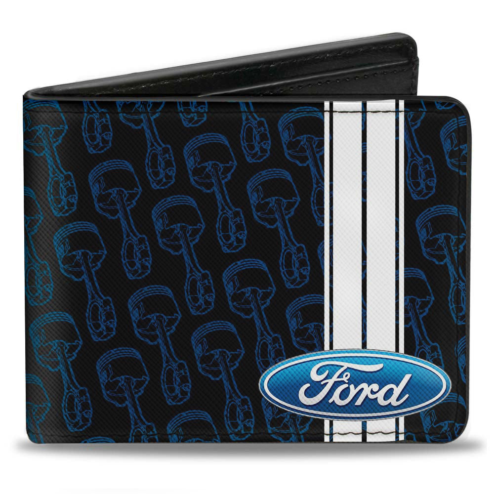 FORD Oval Stripe Piston Repeat Bi-Fold Wallet - Black Blue White