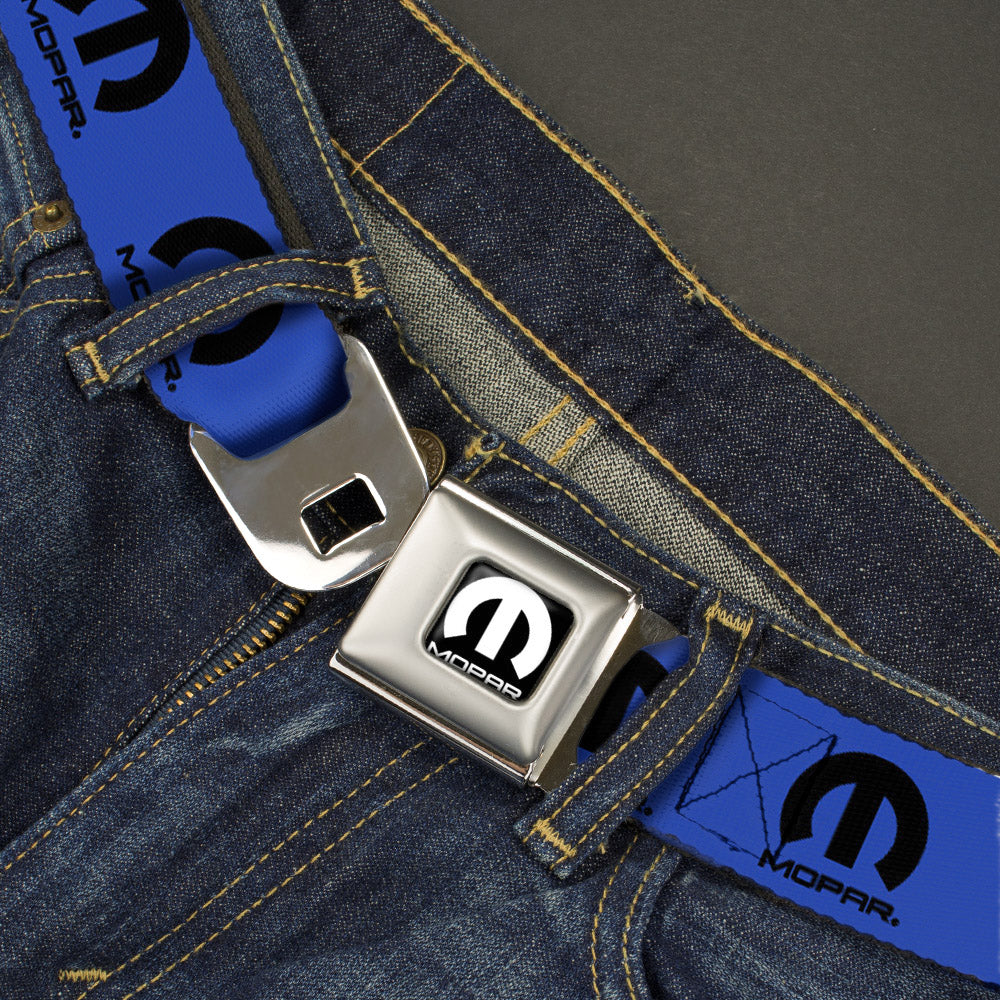 MOPAR Logo Seatbelt Belt - Full Color Black/White with Blue and Black Webbing