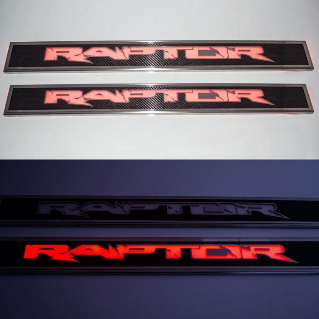 2010-2014 Ford Raptor - Carbon Fiber Front Door Sills w/Illuminated RAPTOR Lettering 2Pc | Choose LED Color