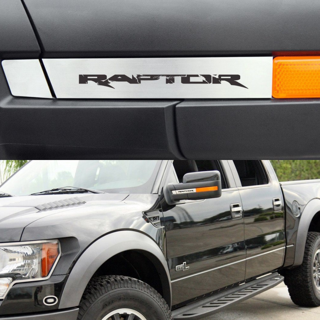 2010-2014 Ford Raptor - Side View Mirror Accent Plates Etched 'RAPTOR' | Stainless Steel