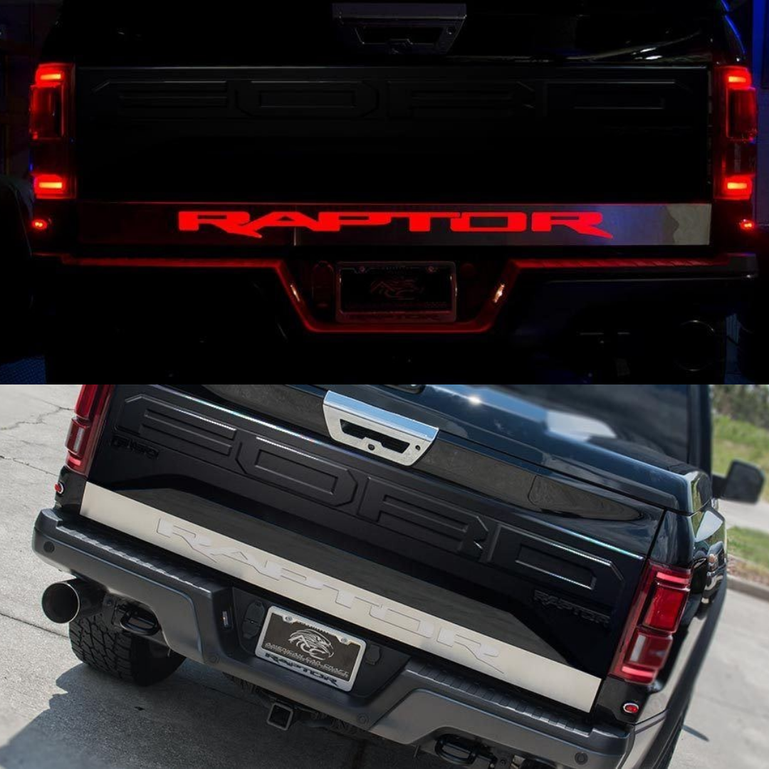 2017-2019 Ford Raptor - Light Up 'RAPTOR' Tailgate Rocker Panel | Brushed Stainless Steel w/Red LED