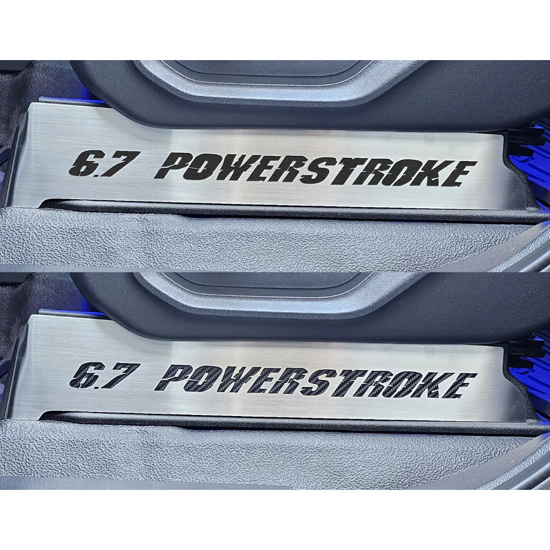 2017-2022 Ford F250 Brushed Stainless Lower Seat Vanity Plate with "6.7 Power Stroke" Logo 2pc | Select Inlay