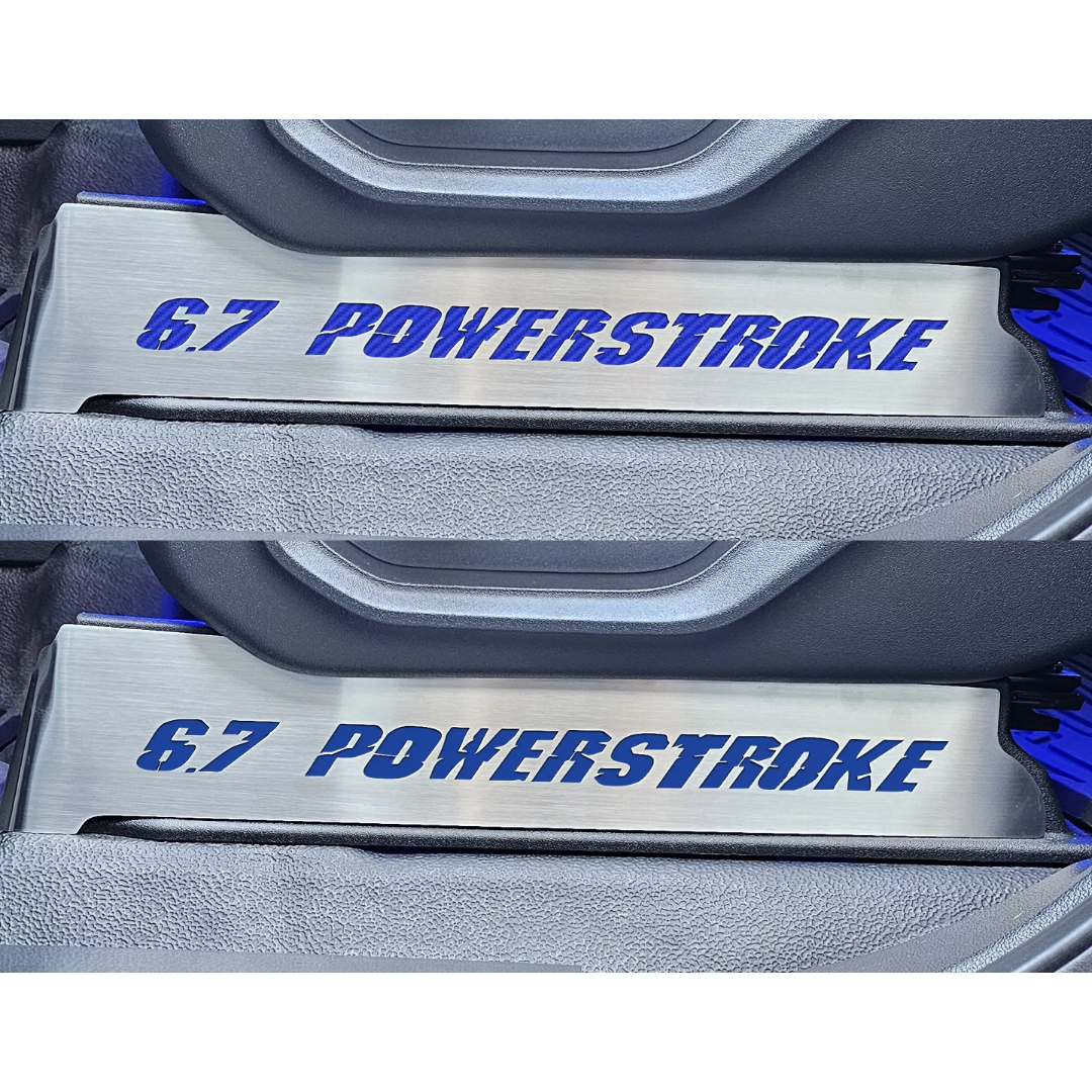 2017-2022 Ford F250 Brushed Stainless Lower Seat Vanity Plate with "6.7 Power Stroke" Logo 2pc | Select Inlay