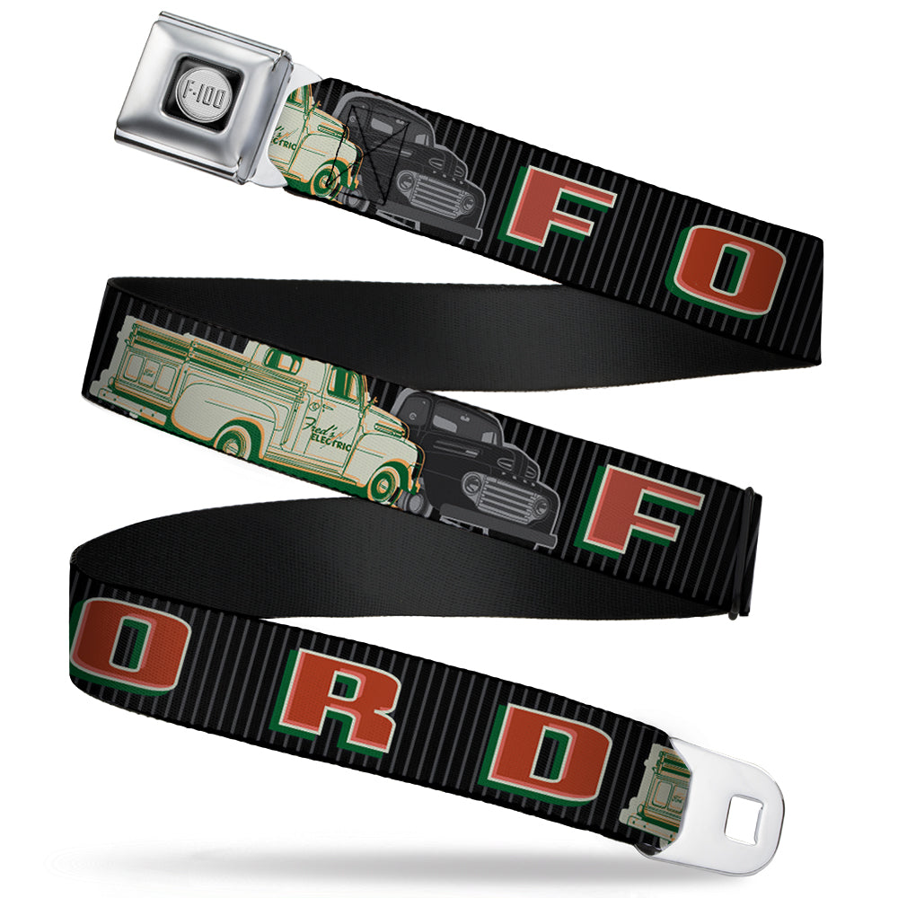 Ford F-100 Logo Seatbelt Belt - FORD/Classic Ford Trucks Vertical Stripe Black/Grays/Green/Red Webbing