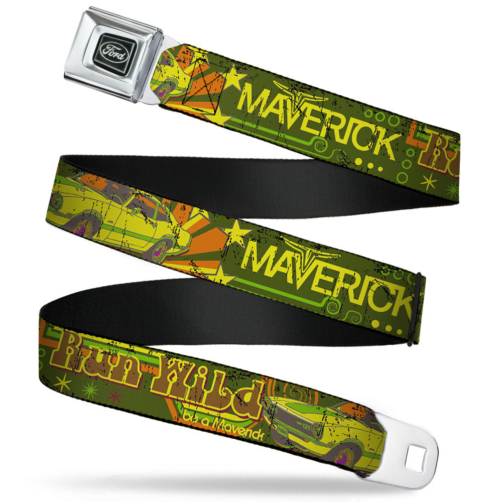 Ford Emblem Seatbelt Belt - Vintage Ford MAVERICK-RUN WILD BE A MAVERICK Greens/Yellows Webbing