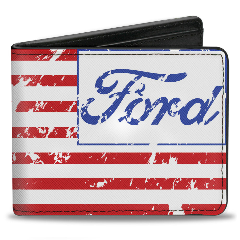 FORD Script Americana Flag Weathered Bi-Fold Wallet - White Red Blue